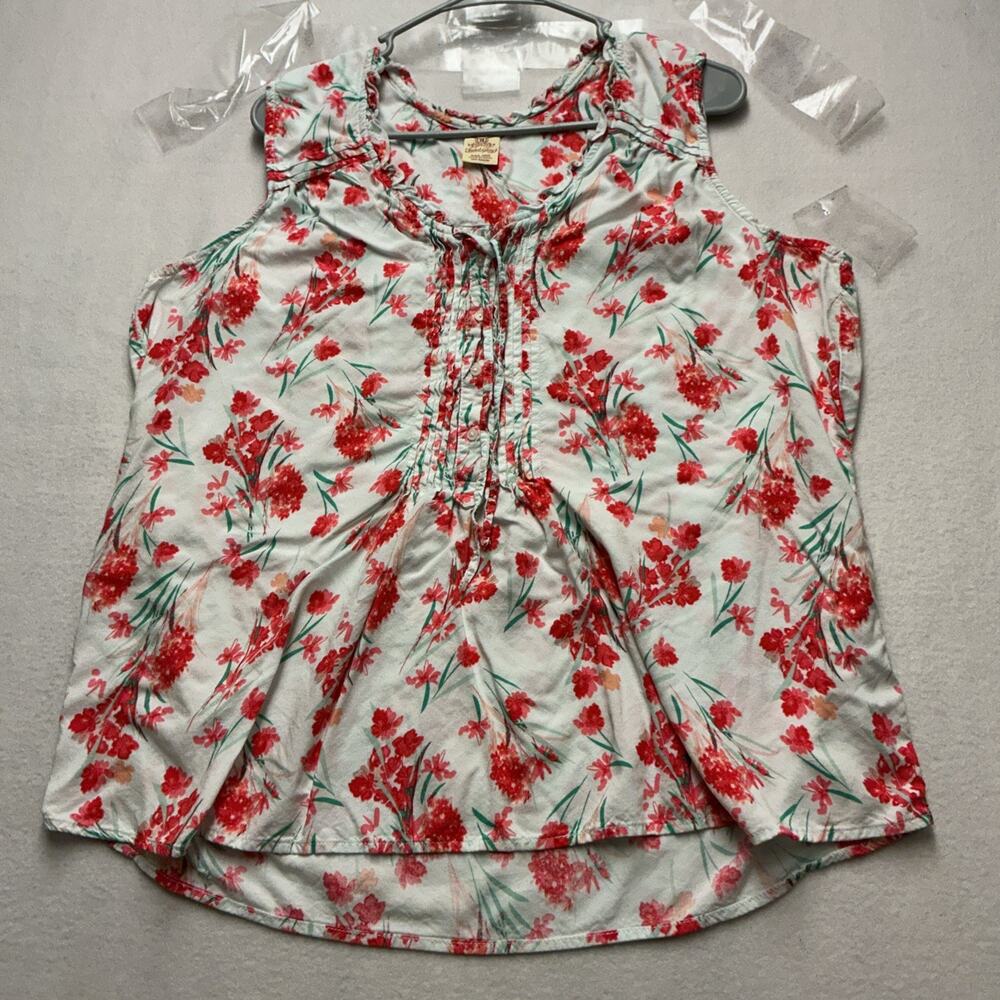 Faded Glory Women 2XL White Red Green Floral Woven V-Neck Sleeveless Blouse,4206